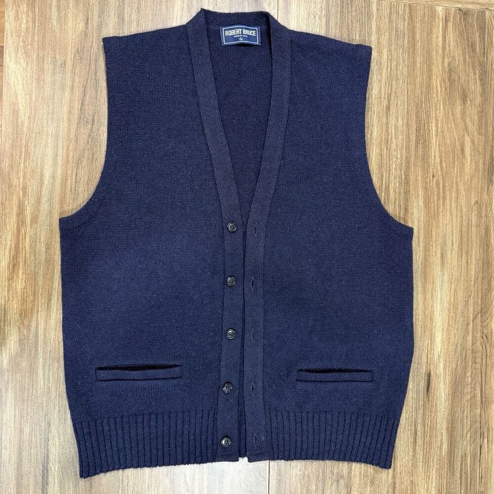 Robert Bruce Y2K Cardigan Sweater Vest Mens L Blue Knit Preppy Wool Made USA